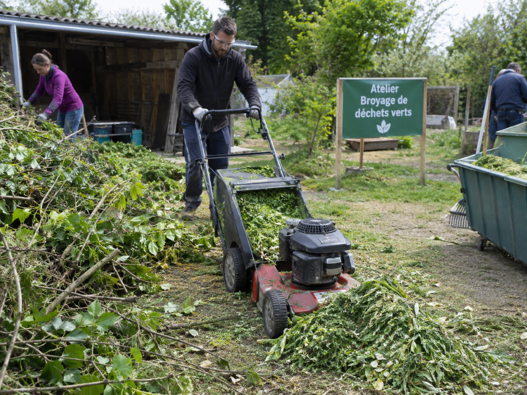 broyage de déchets verts à l'aitre d'une tondeuse